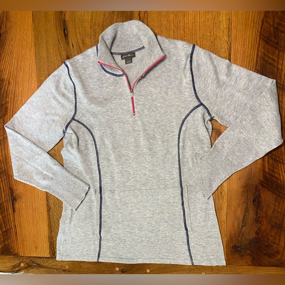 Eddie Bauer Pull Over Gray Sweater with Fun Pink Zipper & Blue Stitching, Sz Lrg